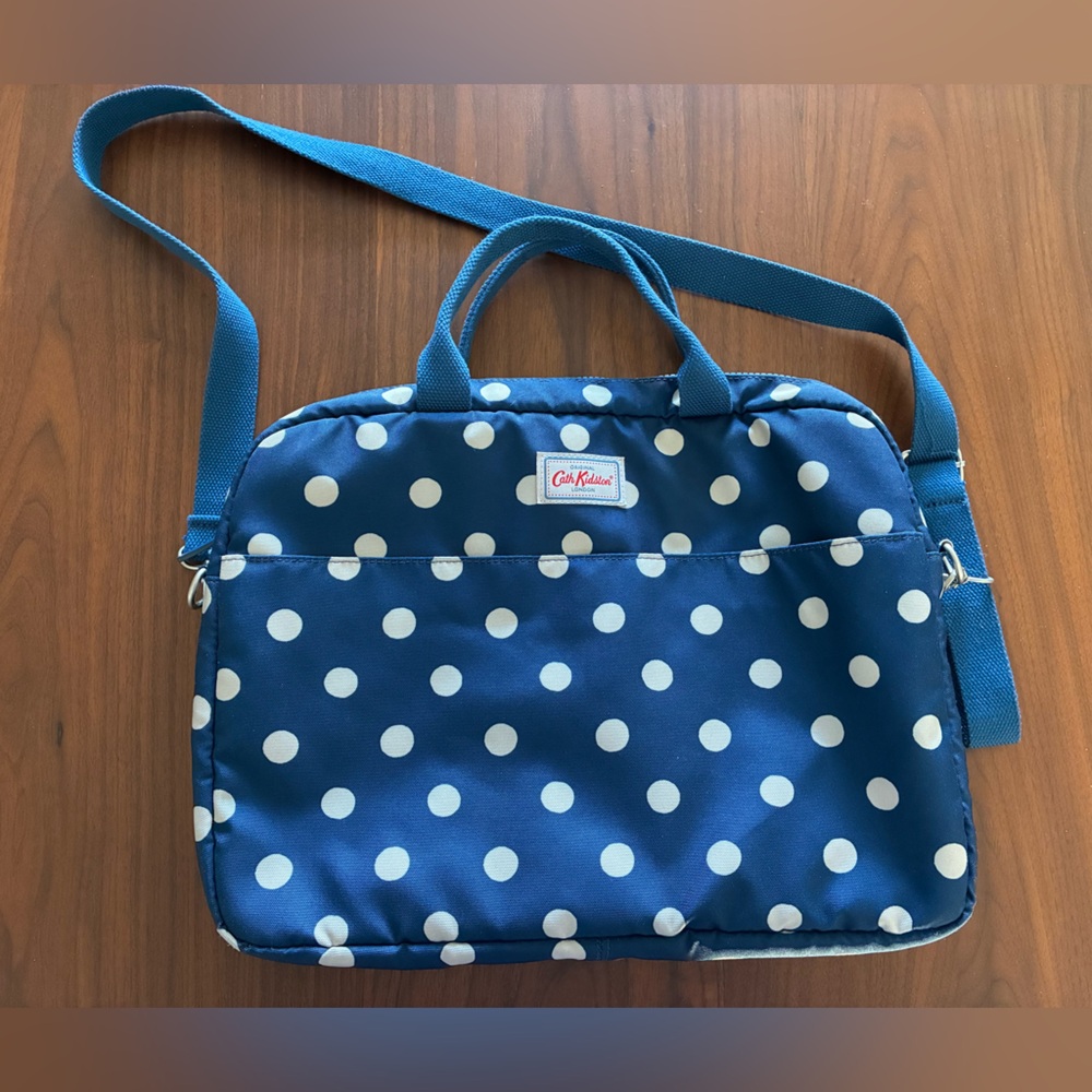 Iconic Cath Kidston navy and white polka dot messenger bag
